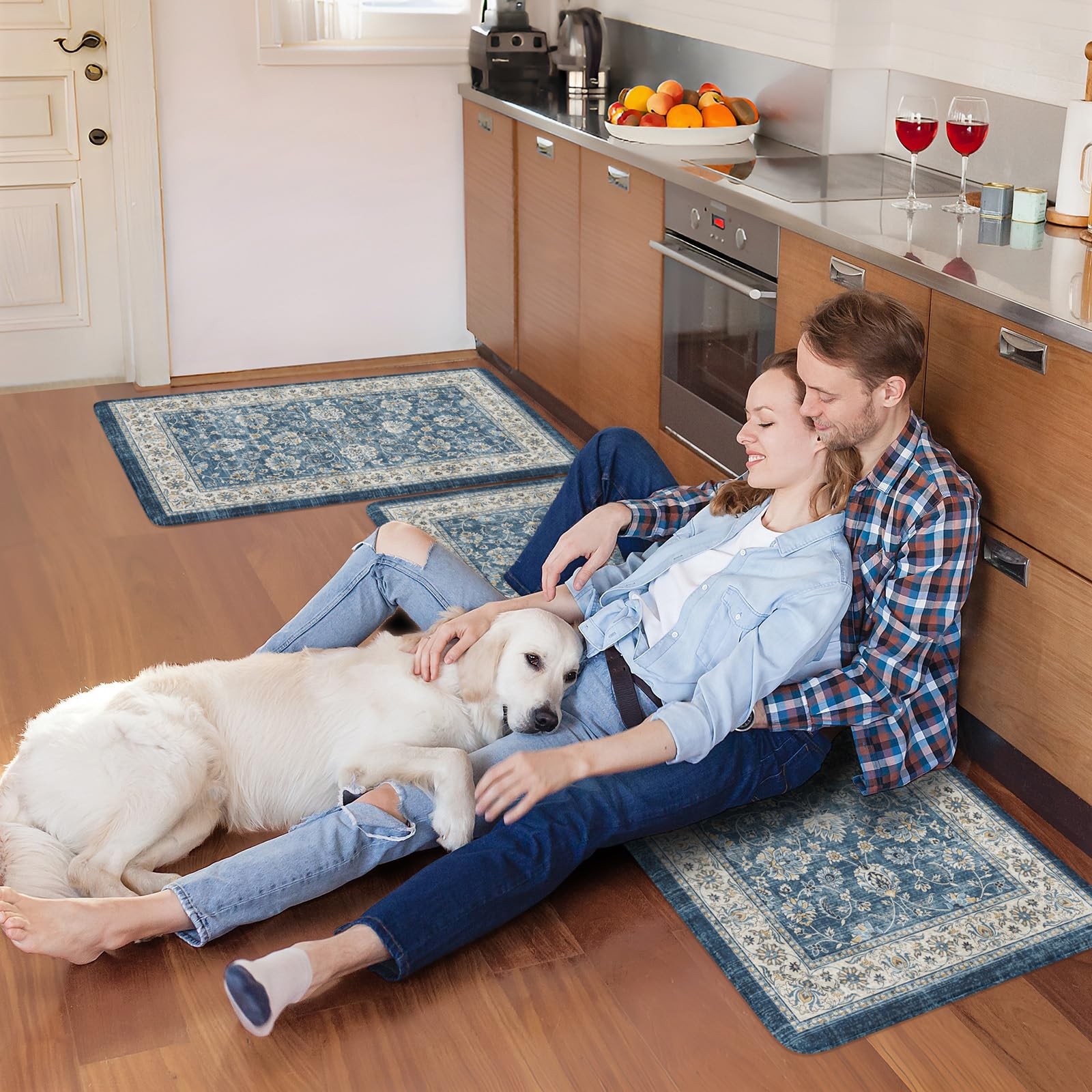 Anti Fatigue Kitchen Mats 17.3" x 47"+17.3" x 29", Boho Blue Kitchen Rugs Set...