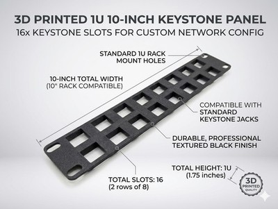 10-Inch 10'' Server Keystone Patch Panel   16 Port (Black, 3D Printed) Petg Black