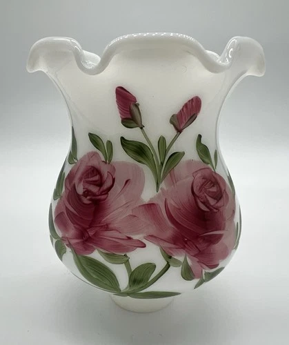 Vintage White Milk Glass Shade Hand Painted Pink Roses Ruffled Edge