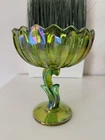 Vintage Mid Century  Carnival Glass Iridescent Green Lotus Compote Candy Dish