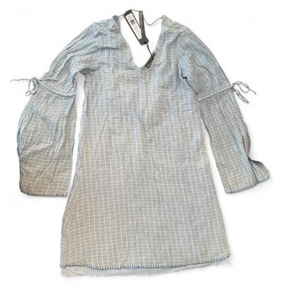NWT Michael Stars Small Blue White Gingham Gauze V Neck Shift Dress Long Sleeve