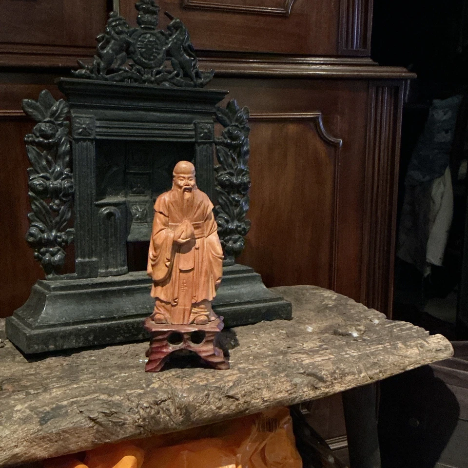 antique chinese box wood figure hand carved Happy Man - Image 2 of 4