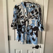 Calvin Klein Womens Blue Black White Button Down Blouse Size Medium Excellent E2
