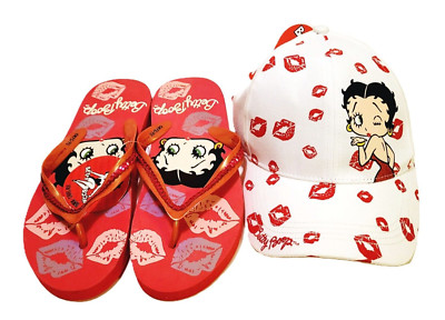 Betty Boop Hat White Ball Cap with Kisses Print and Pink Flip Flops NWT 2pc