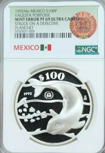 1992 MEXICO SILVER 100 PESOS VAQUITA PORPOISE NGC PF 69 ULTRA CAMEO MINT ERROR