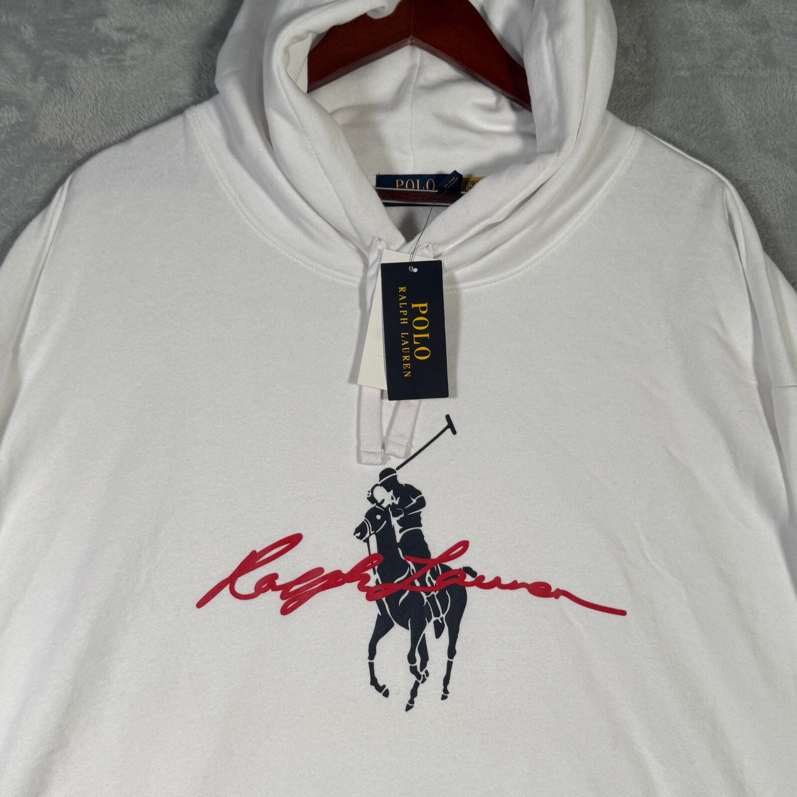 Ralph Lauren Felpa con Cappuccio Uomo 4XB 4XL Grande Bianco Pony Pullover Polo Pile