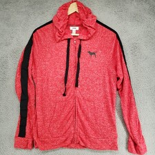 Victoria's Secret PINK Hoodie Womens S Red Full Zip Dog Logo College Black Strip
