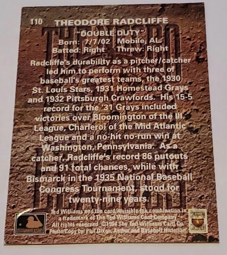 Ted Radcliffe 1994 Ted Williams Card Company #110 - Picture 2 of 2