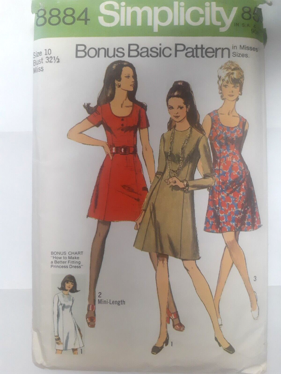 Princess Sheath Dress 10 Simplicity 8884 Sewing Pattern Mini Knee VTG 60s  CUT