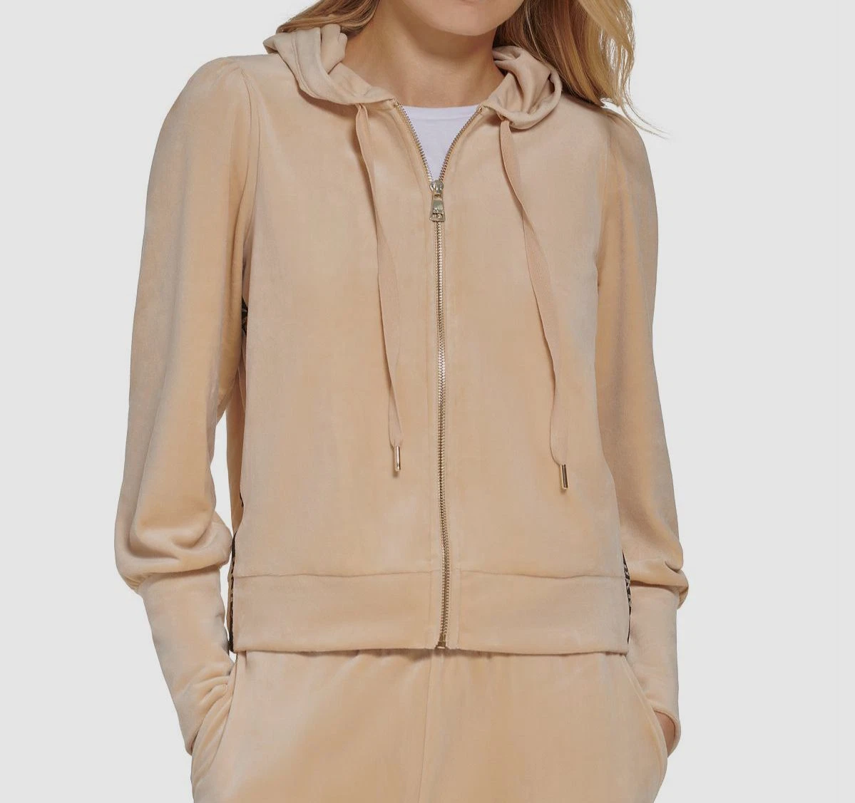 89 DKNY Women s Beige Logo Stripe Velour Full Zip Hoodie Sweater Size XL