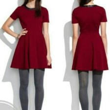 Madewell Women’s Burgundy Fit & Flare Short Sleeve Skater Leather Trim Dress XS