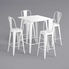 32" Square White Metal Restaurant Bar Table Set with 4 Cafe Barstool For Outdoor