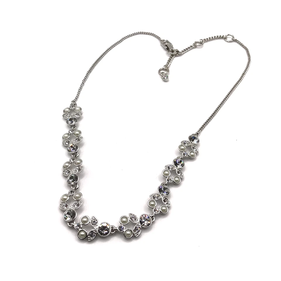 Givenchy Necklace Crystal & Faux Pearl Silver Plate Wedding Prom 16-19 Adjust - Image 2 of 4