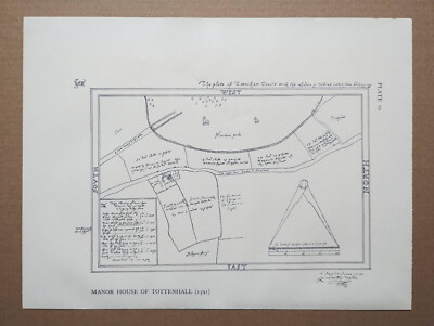 Plan of the Manor House of Tottenhall in 1591 - Vintage Print - 1949