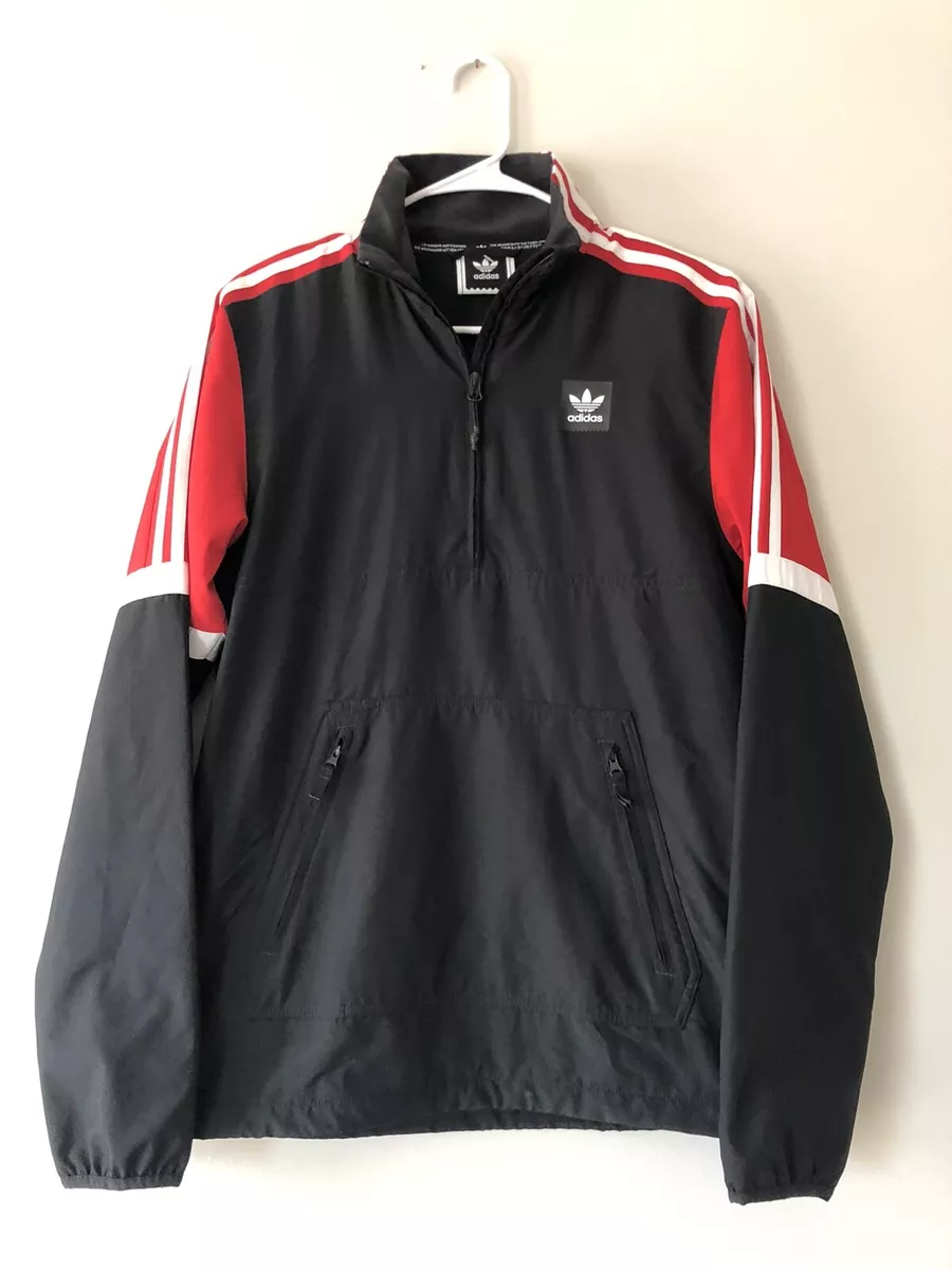 ADIDAS Originals Pullover Mens M Black Red 3 Stripes Half Zip Fleece Inside