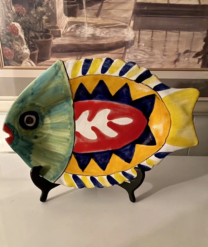 Vintage Hand Painted Art Pottery Fish Platter Signed De Simone Italy 16”D