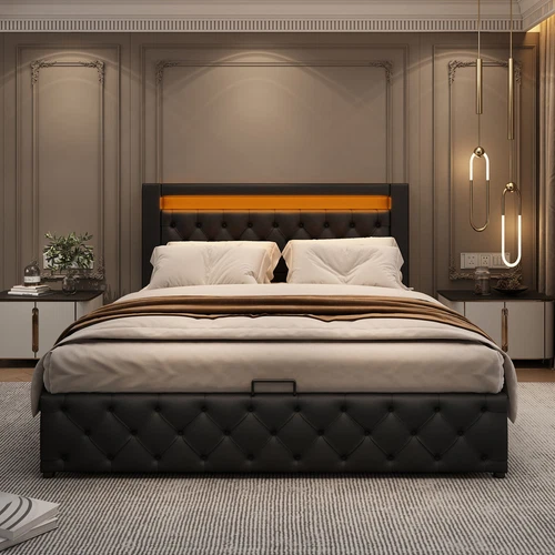 LED Light Functional Upholstered Bed with Slatted Frame and Storage Space - Picture 3 of 26