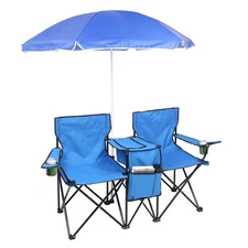 Portable outdoor double seat folding camping chair with detachable sun umbrella