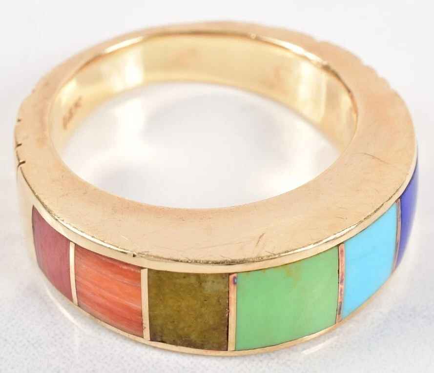 Authentic Kabana 14K Yellow Gold Multi-Gemstone Inlay Ring Size 7 - Signed! - Image 2 of 4