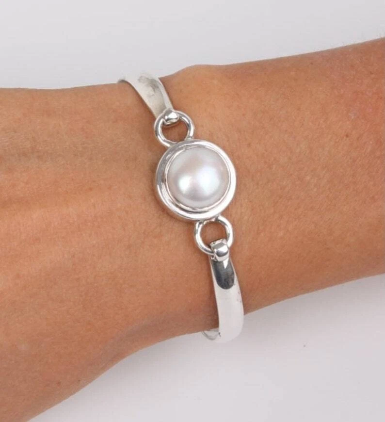 Brazalete brazalete de plata 925 con piedras preciosas de perlas de buen aspecto hecho a mano para mujer joyería #019 Foto 3 de 3