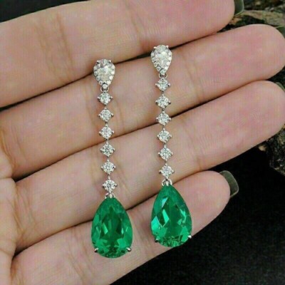 3Ct Pear Cut Lab Created Emerald Drop/Dangle Earrings 14K White Gold Plated