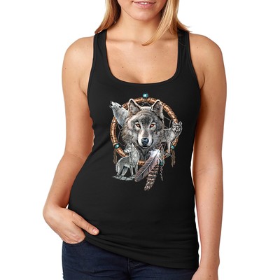 XtraFly Apparel Women's 4 Wolves Dreamcatcher Native American Indian Racerback