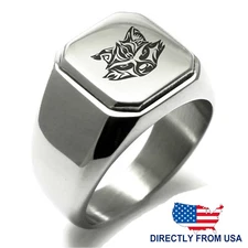 Stainless Steel Tribal Raccoon Animal Design Mens Square Biker Style Signet Ring