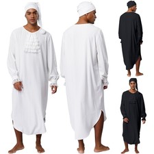 Men Victorian Style Soft Loose Sleepwear Nightshirt Pajama Set with Sleeping Cap