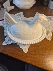 Vtg Milk glass hen on a nest beaded edge 7"×5" White