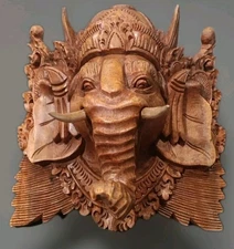 EXOTIC Intricately Carved GANESHA Elephant Solid Suar Wood HINDU Wall Sculpture