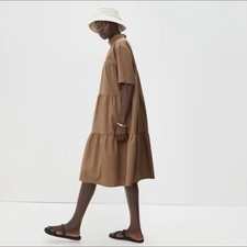 Everlane Womens XS Tiered Mock Neck Dress Khaki Cotton