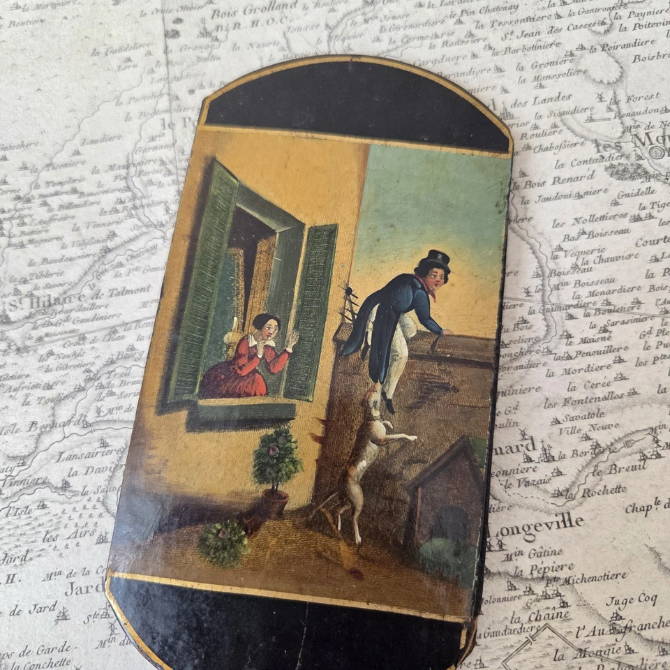 Etui A Lunettes Ancien Louis Philippe 1840 Décor Grivois Jeune Fille Romantique - Photo 2/4