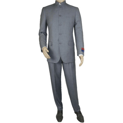 Men Apollo King Banded Collarless suit Mandarin 5 Button Wide leg M5-3 Gray New