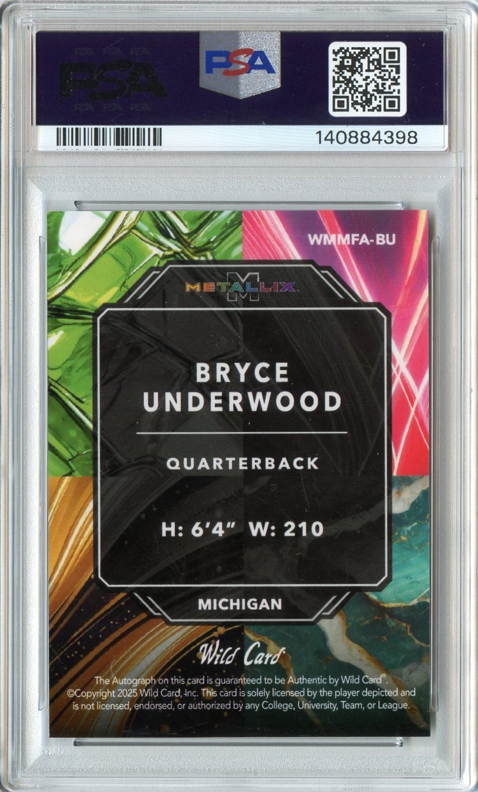 BRYCE UNDERWOOD 2025 WILD CARD GREEN KALEIDOSCOPE ROOKIE AUTO #'D 1/1 PSA 10 GEM view 2