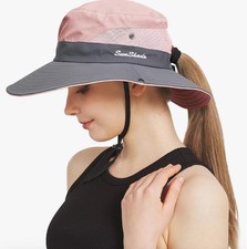 Women Sun Hat Summer Bucket Wide Brim Ponytail Boonie Beach Cap UV Protection