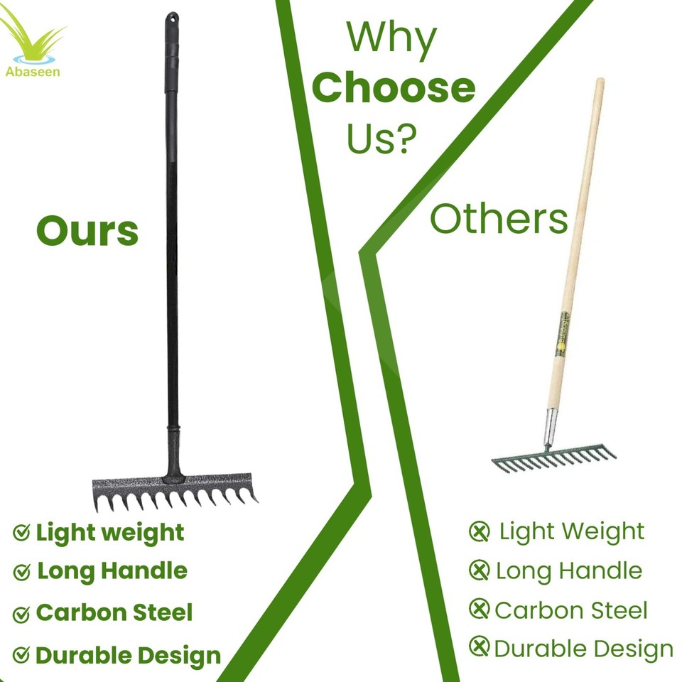 Heavy Duty Garden Rake 12 Teeth Carbon Steel Head with Long Handle ...