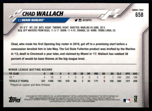 2020 Topps Rainbow Foil #658 Chad Wallach RC Rookie Miami Marlins - Picture 2 of 2