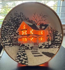 Vintage Plug In Lighted 3D Round 7" Plate of Cottage Christmas Scene Beautiful