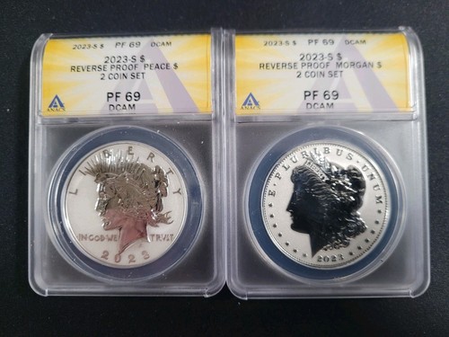 2023 S REVERSE PROOF PEACE AND REVERSE PROOF MORGAN $ PF69 DCAM ANACS 2 COIN SET - Picture 1 of 2