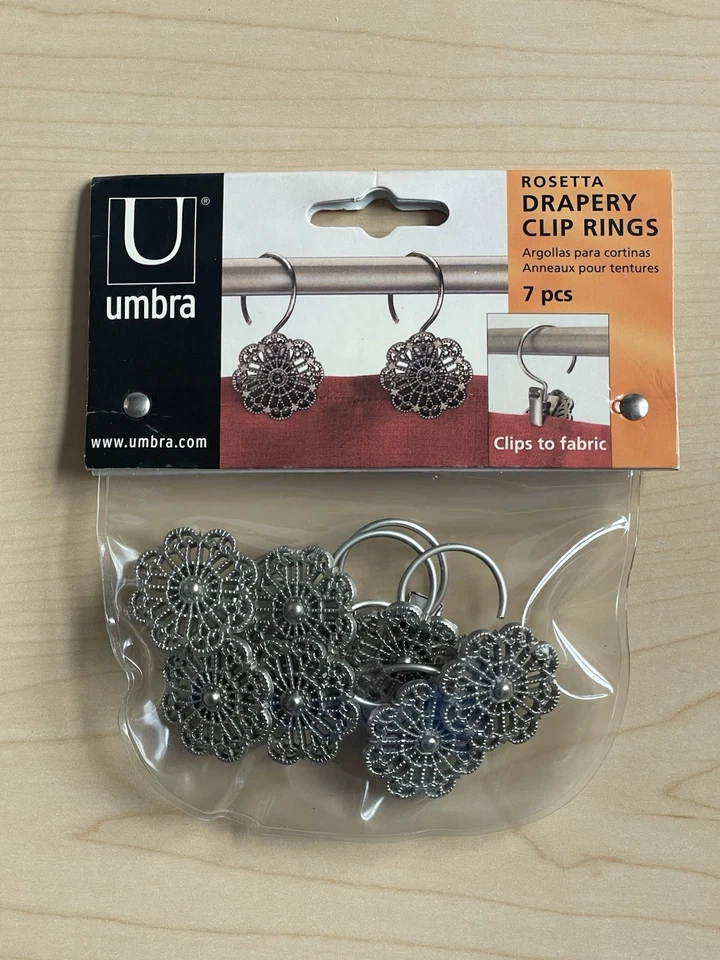 (1) Paquete UMBRA Rosetta Cortina Cortina Redonda Metal Clip Anillos Peltre 7 piezas Nuevo en Paquete Foto 2 de 4