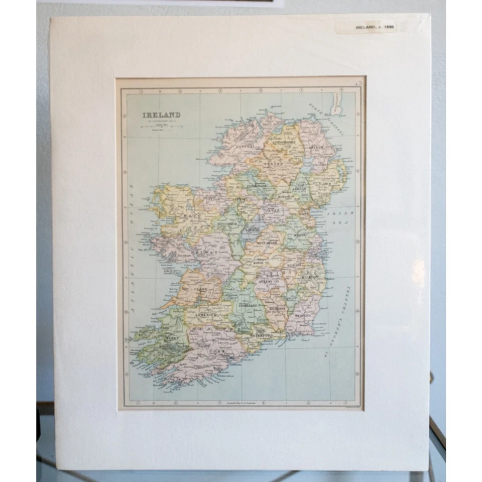 Antique 1890s Map of Ireland Matted Galway Cork Glasgow Dublin Wall Art - Image 3 of 4