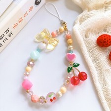 Cherry Phone Strap Charm  Cellphone Jewelry Beads  Beaded Keychains  Lanyard
