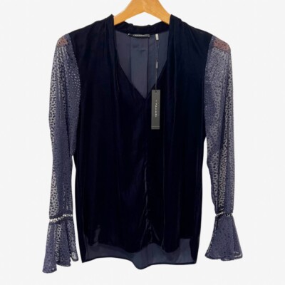 T Tahari Women's Misty Dark Navy V-Neck Blouse in Stargazer S NWT ($128)