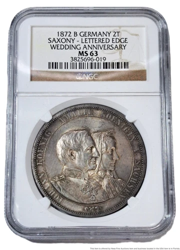NGC MS 63 1872 B Germany 2T Saxony Lettered Edge Wedding Anniversary Coin