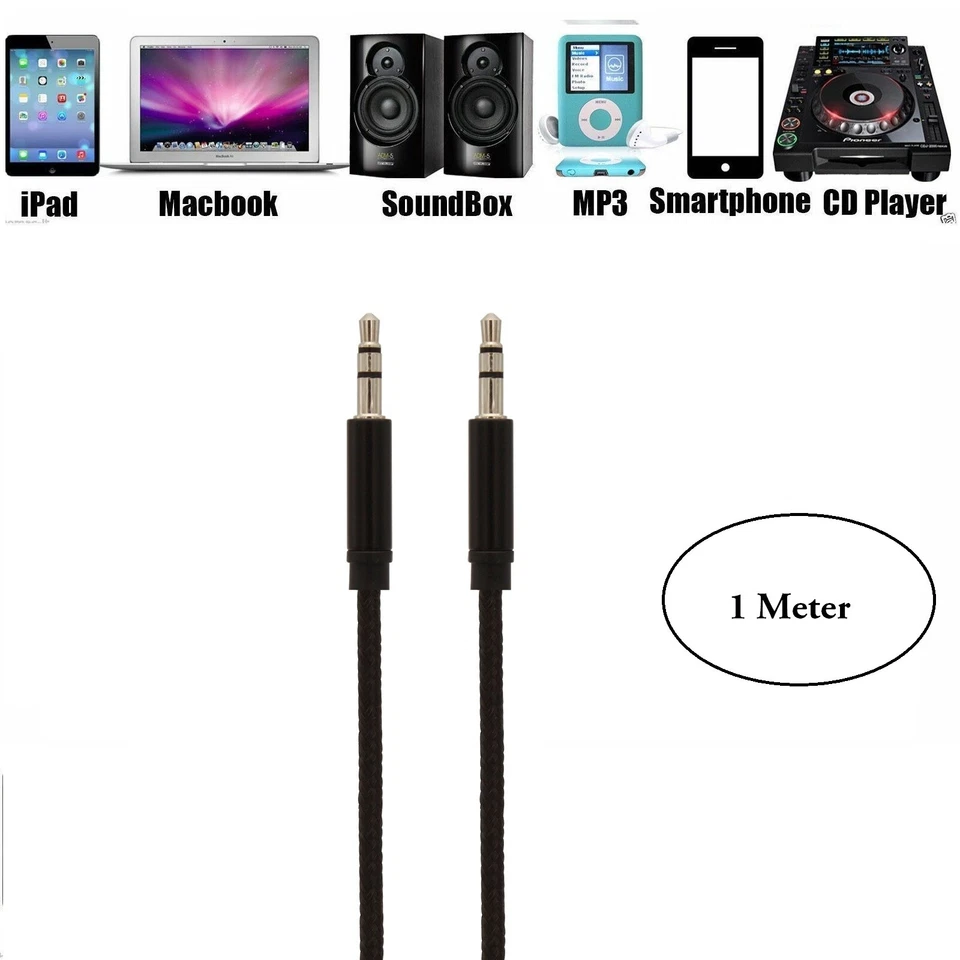 1m Strong Braided 3.5mm Jack to Jack Stereo Plug Aux Audio Auxiliary Cable Lead - Image 4 of 4