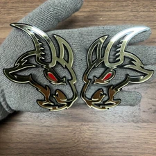 Goat Badges Emblem Mirror Gold red eye Black ,(2) Badges, Fender Angry Agressive