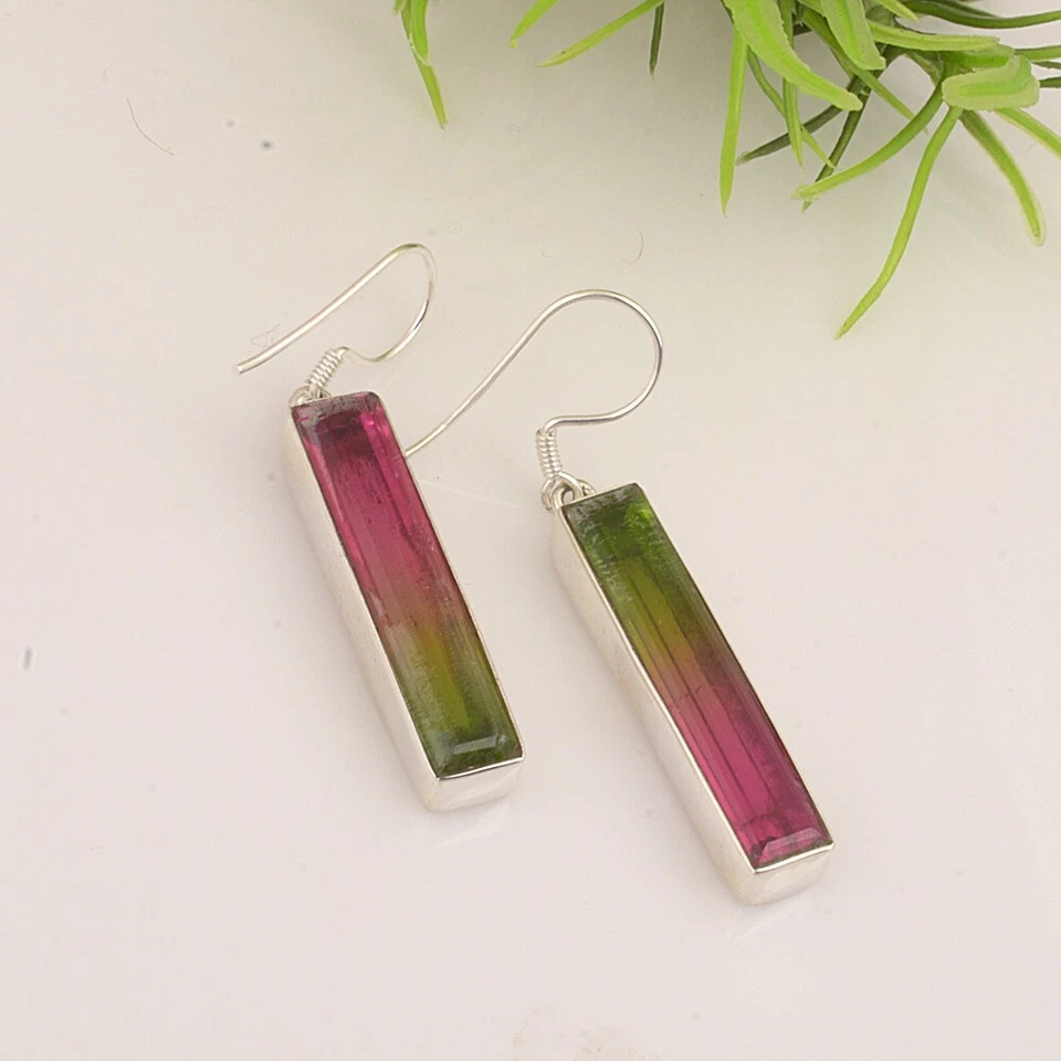 Lindo pendiente colgante sandía turmalina piedra grande plata de ley 925 para mujer Foto 4 de 4