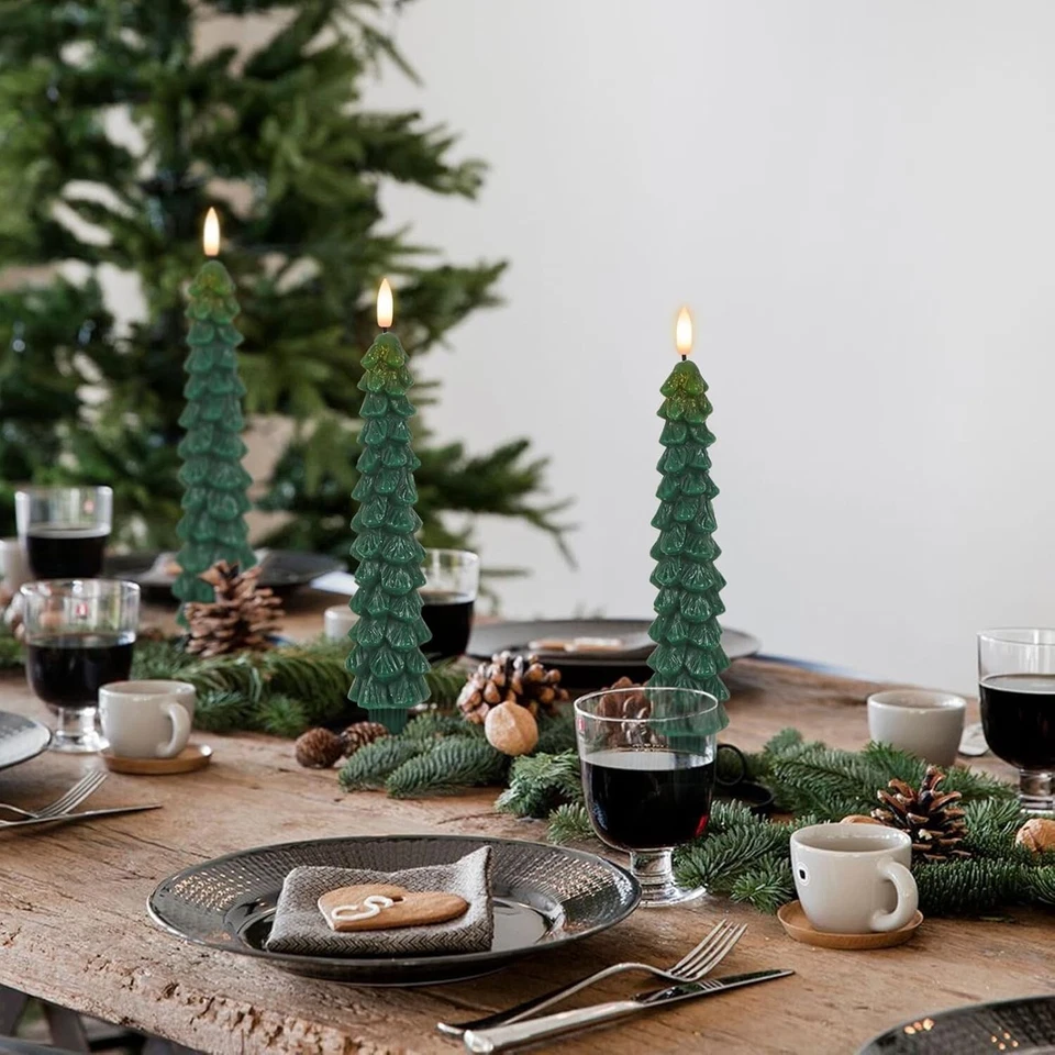 3PCS Christmas Tree Flameless Taper Candles  Green with Remote Timer 3D Wick - Image 4 of 4