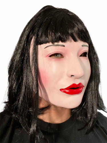 White Female Lady Doll Mask Black Hair Wig Latex Fetish Costume Demi Moore - Afbeelding 1 van 9