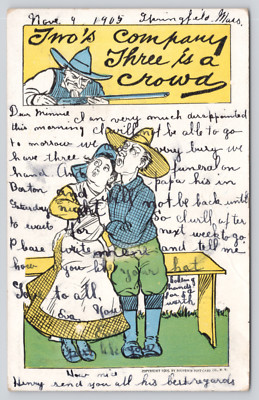 c1905 Jealous Husband or Father w/ Gun 'Two's Company Three is a Crowd' Postcard